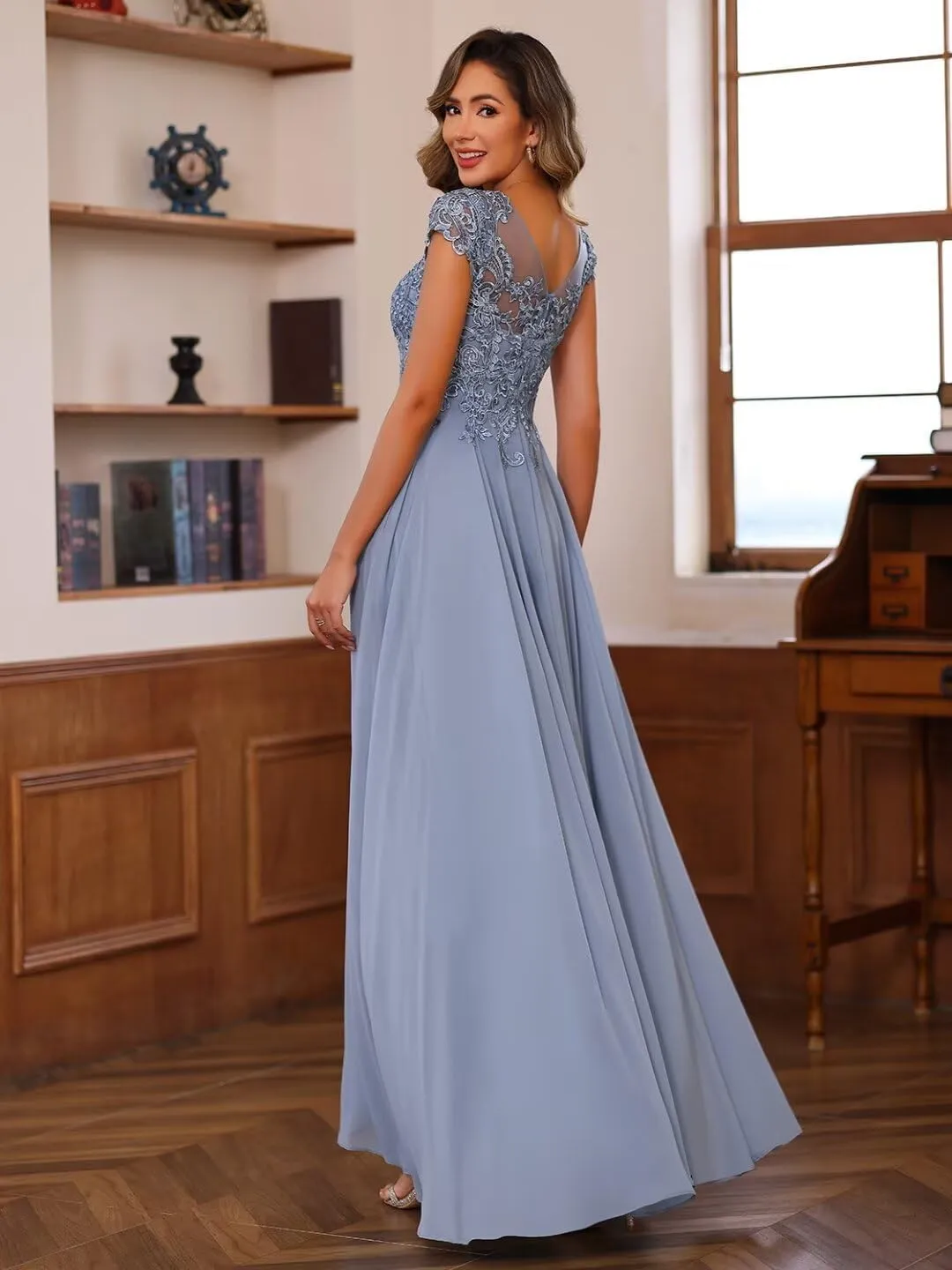 Floral Lace Mother of The Bride Dresses for Wedding Short Sleeve Illusion Formal Evening Dresses for Women AD041