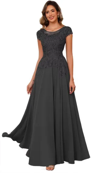 Floral Lace Mother of The Bride Dresses for Wedding Short Sleeve Illusion Formal Evening Dresses for Women AD041