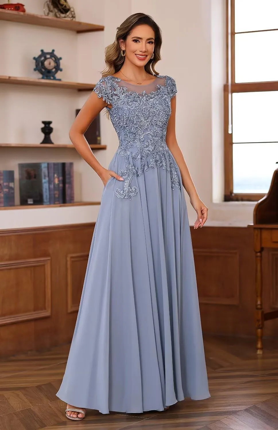 Floral Lace Mother of The Bride Dresses for Wedding Short Sleeve Illusion Formal Evening Dresses for Women AD041