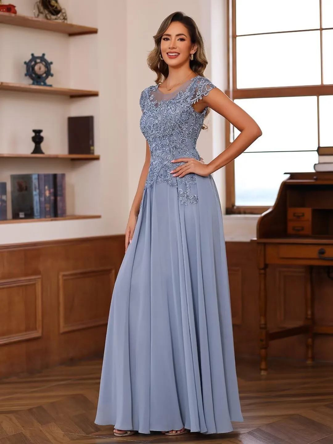 Floral Lace Mother of The Bride Dresses for Wedding Short Sleeve Illusion Formal Evening Dresses for Women AD041