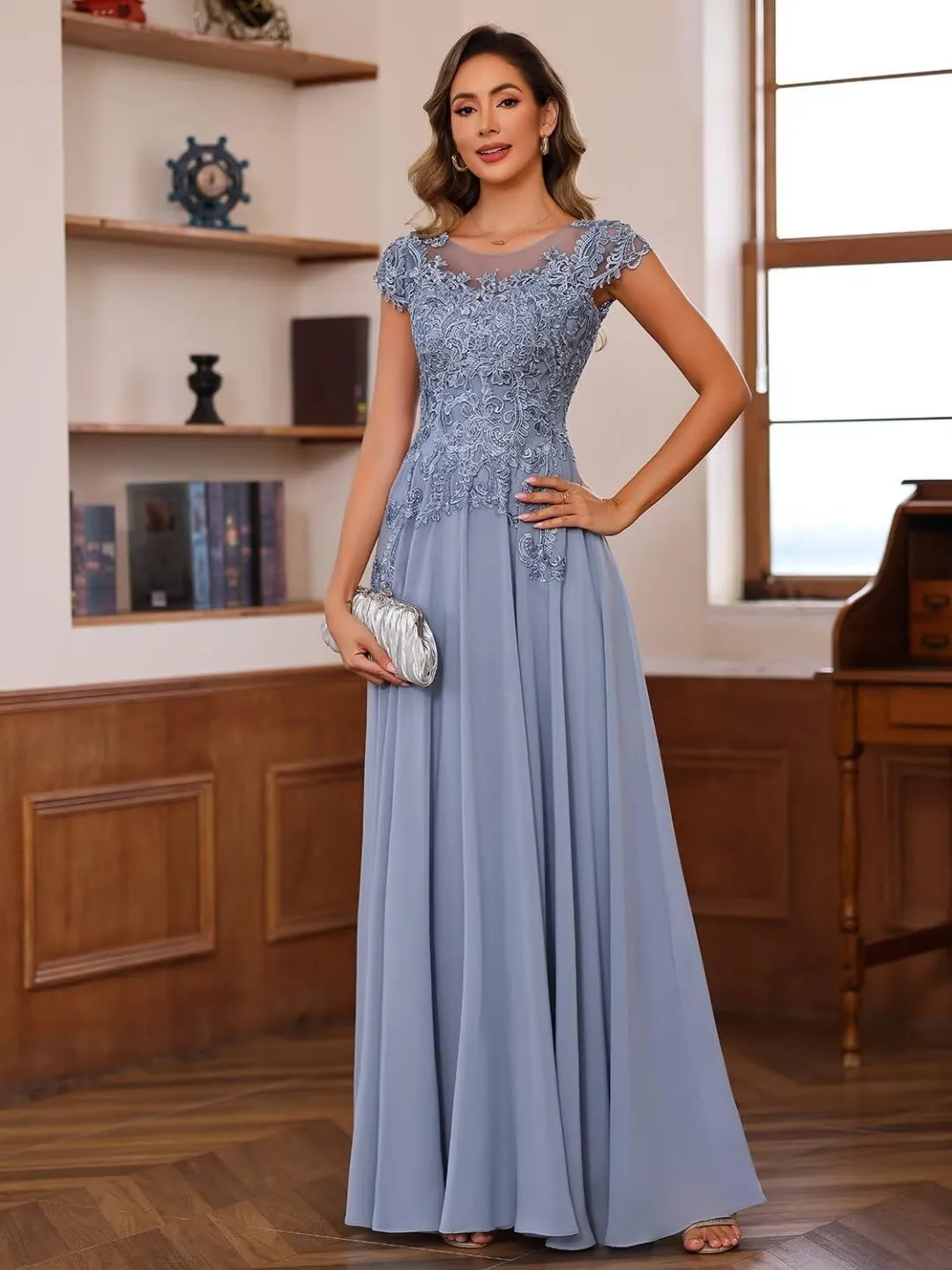 Floral Lace Mother of The Bride Dresses for Wedding Short Sleeve Illusion Formal Evening Dresses for Women AD041