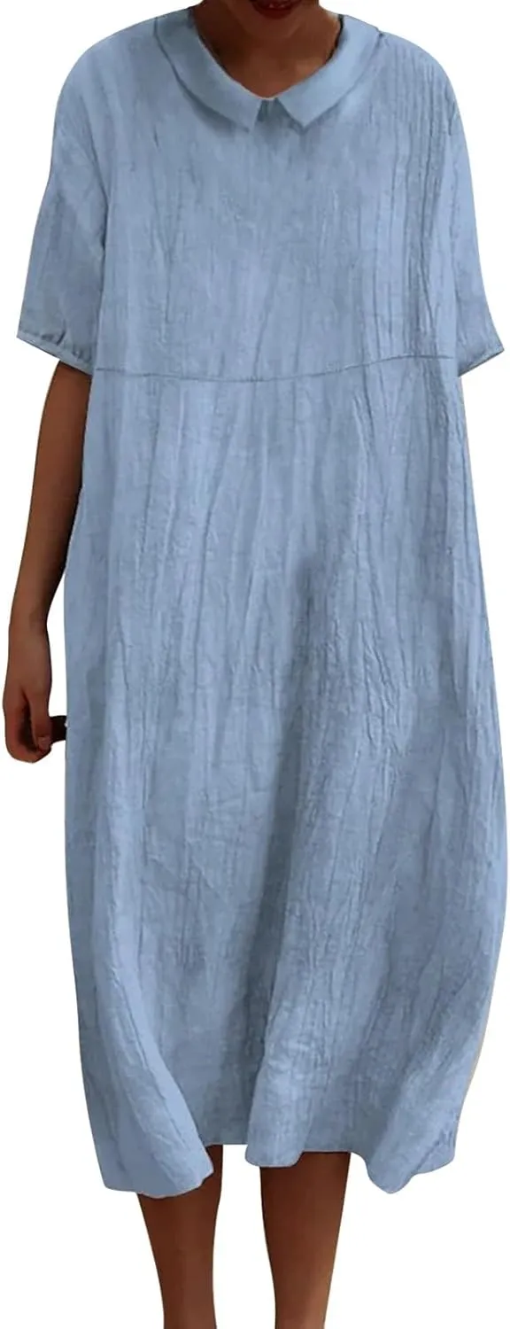 Floral Long Dress for Women Lapel Neck Short Sleeve Midi Dress Plus Size Maxi Dresses Beach Vacation Sundresses