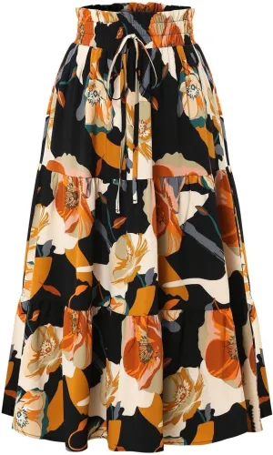 Floral Maxi Skirt for Women Summer Vacation A Line Flowy Swing Comfy Tiered Elastic High Waisted Long Skirts