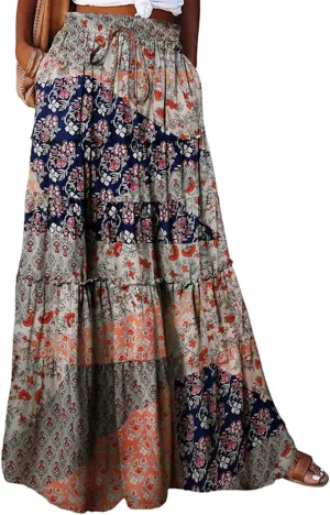 Floral Maxi Skirts for Women 2025 High Waist Pleated A-Line Long Summer Skirt