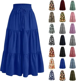 Floral Maxi Skirts for Women Trendy Summer Boho Tiered Long Flowy Skirt Drawstring High Waisted Swing A-Line Skirt