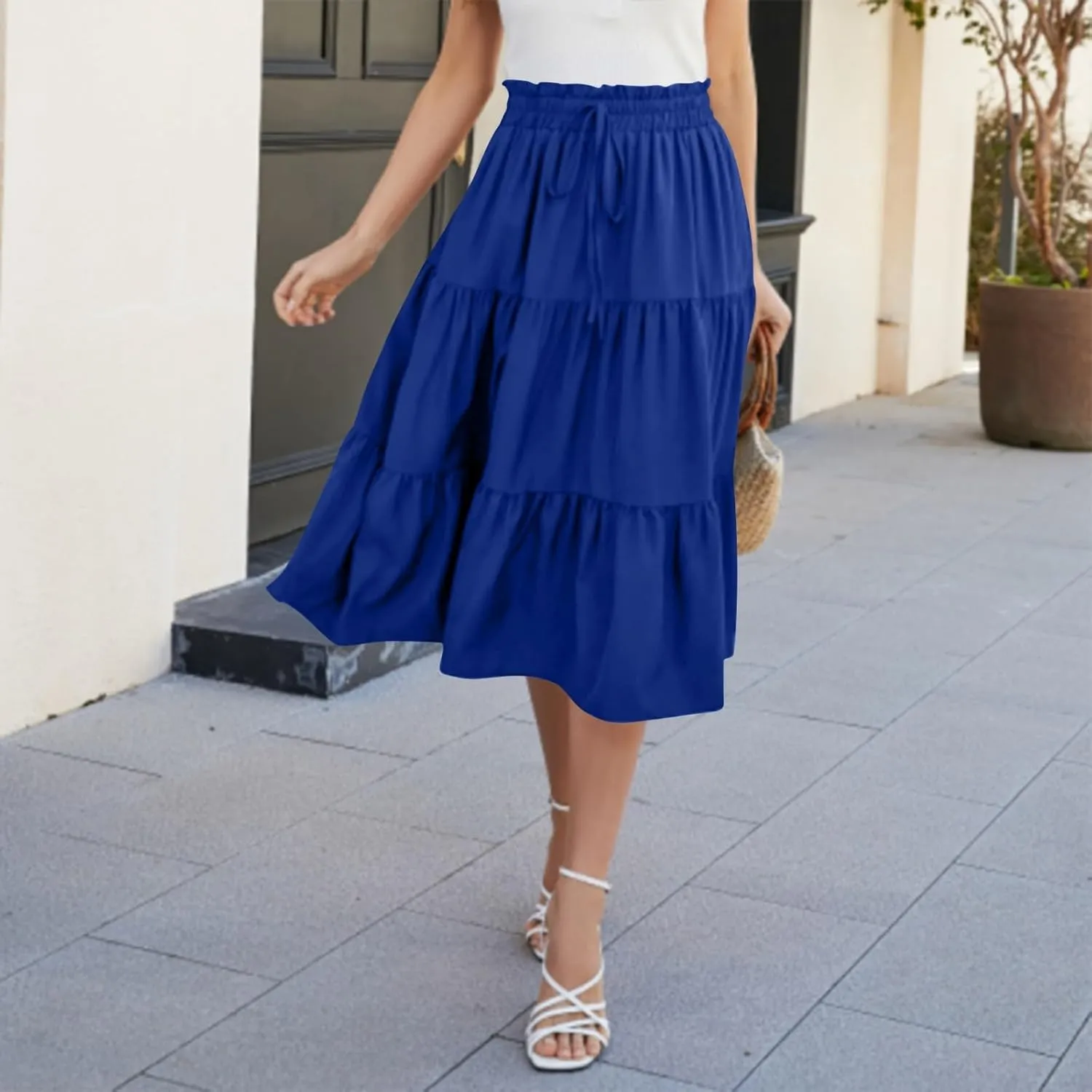 Floral Maxi Skirts for Women Trendy Summer Boho Tiered Long Flowy Skirt Drawstring High Waisted Swing A-Line Skirt
