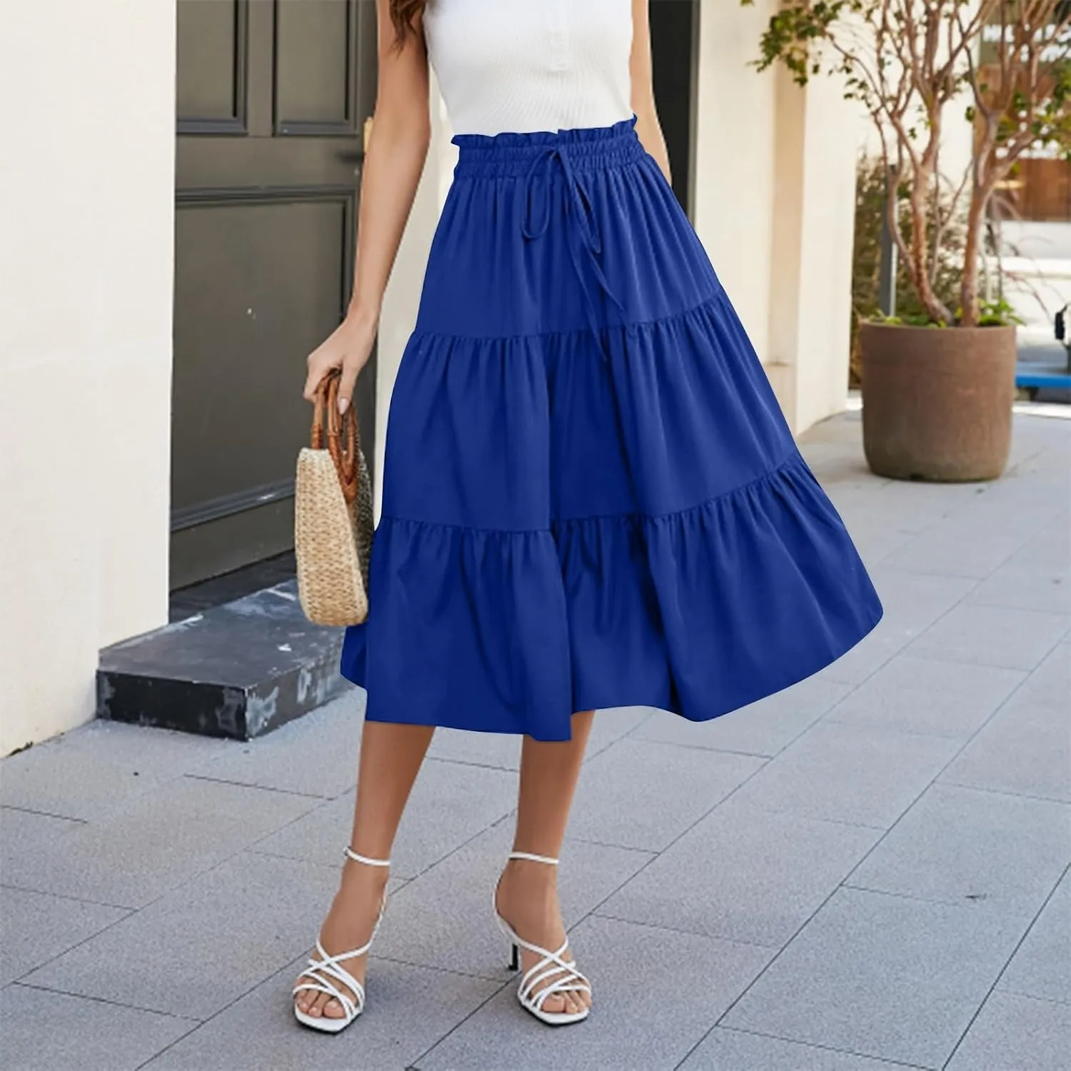 Floral Maxi Skirts for Women Trendy Summer Boho Tiered Long Flowy Skirt Drawstring High Waisted Swing A-Line Skirt