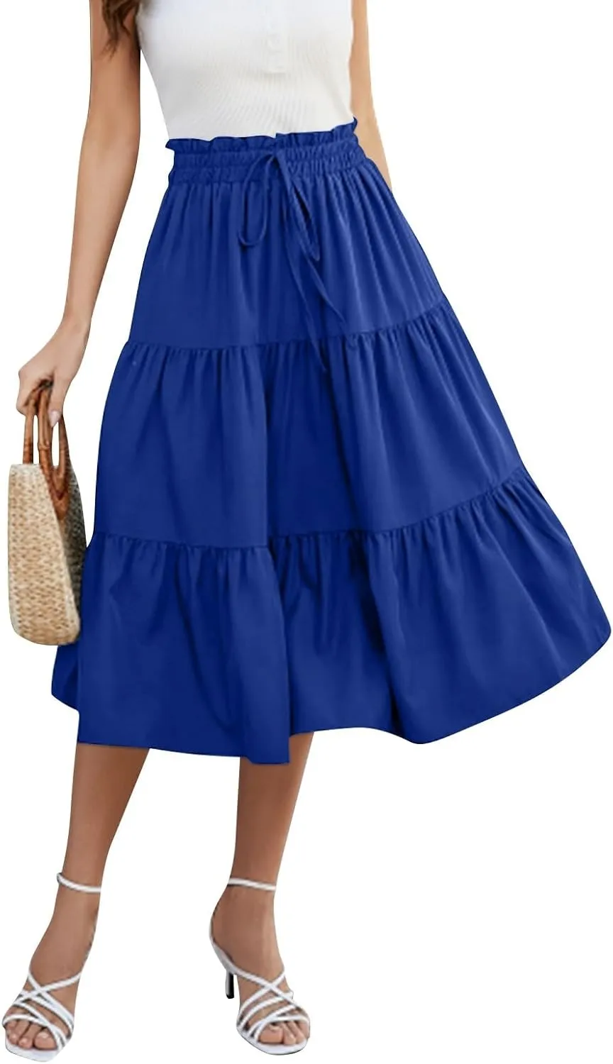 Floral Maxi Skirts for Women Trendy Summer Boho Tiered Long Flowy Skirt Drawstring High Waisted Swing A-Line Skirt