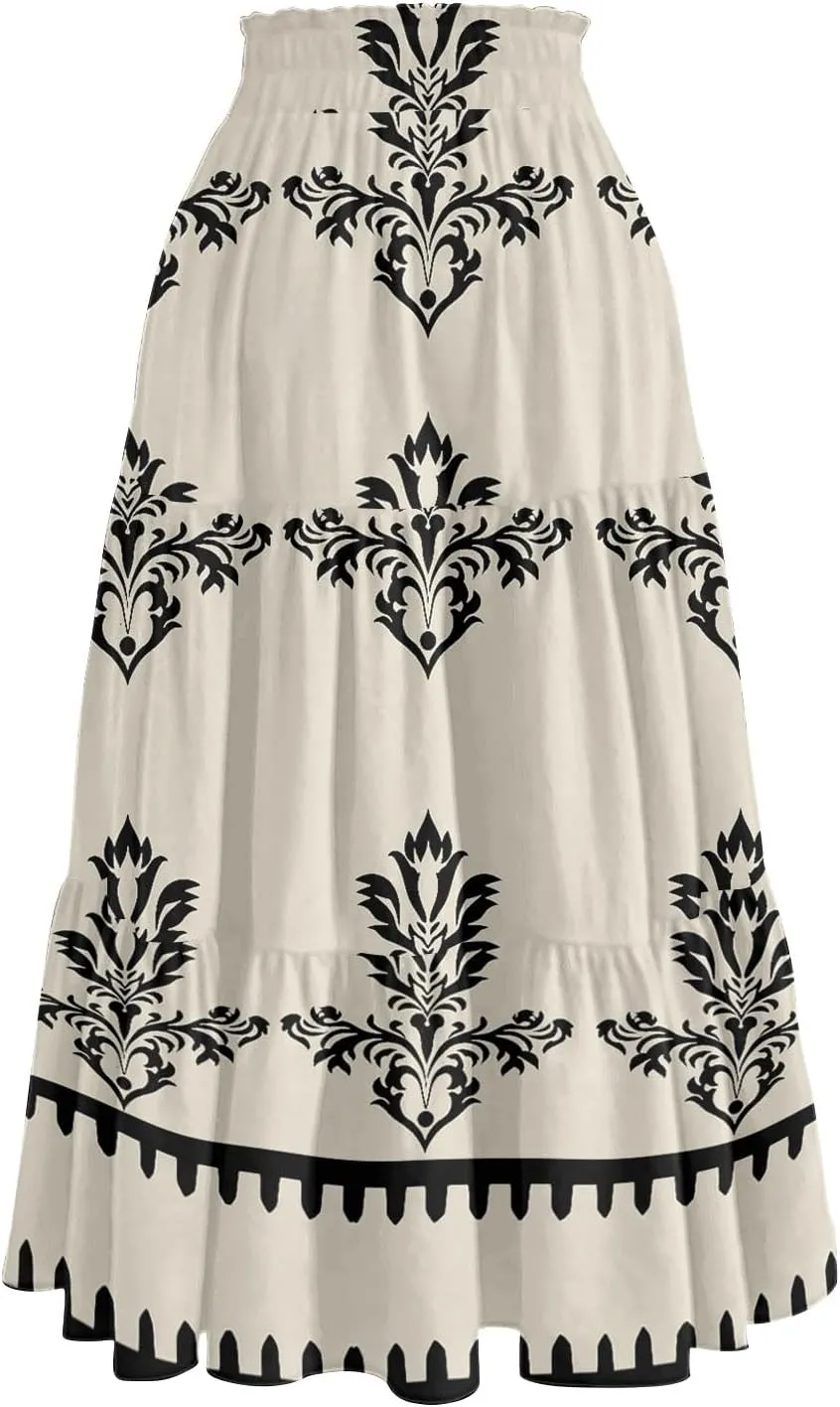 Floral Midi Skirts for Women Summer Tiered Drawstring High Waist Mid Calf Skirts Pleated A-Line Boho Skirt with Pocket
