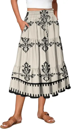 Floral Midi Skirts for Women Summer Tiered Drawstring High Waist Mid Calf Skirts Pleated A-Line Boho Skirt with Pocket