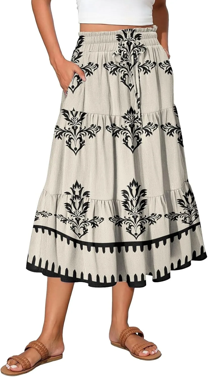 Floral Midi Skirts for Women Summer Tiered Drawstring High Waist Mid Calf Skirts Pleated A-Line Boho Skirt with Pocket