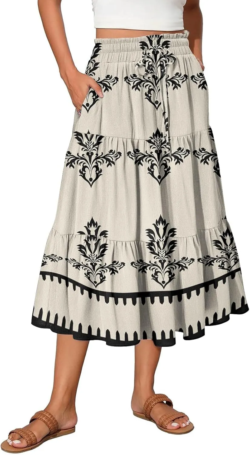 Floral Midi Skirts for Women Summer Tiered Drawstring High Waist Mid Calf Skirts Pleated A-Line Boho Skirt with Pocket