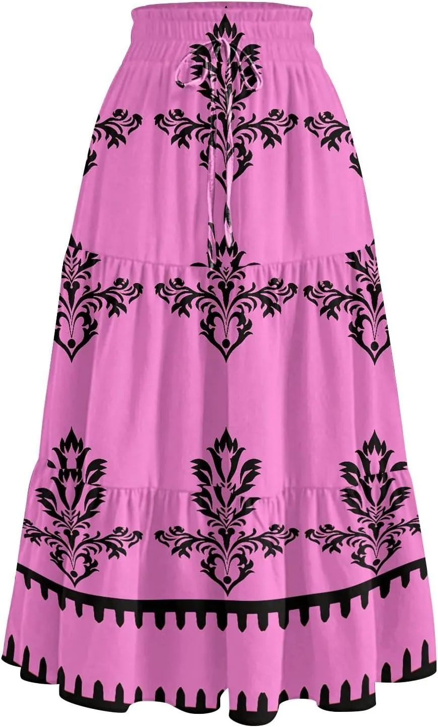 Floral Midi Skirts for Women Summer Tiered Drawstring High Waist Mid Calf Skirts Pleated A-Line Boho Skirt with Pocket