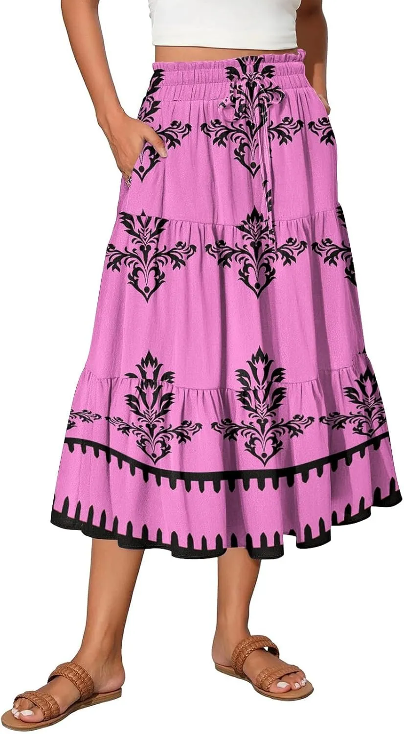 Floral Midi Skirts for Women Summer Tiered Drawstring High Waist Mid Calf Skirts Pleated A-Line Boho Skirt with Pocket