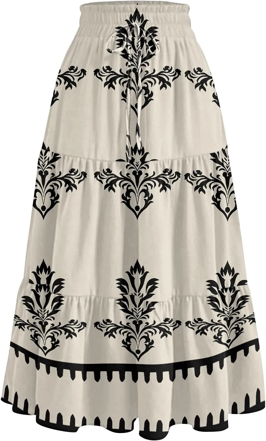 Floral Midi Skirts for Women Summer Tiered Drawstring High Waist Mid Calf Skirts Pleated A-Line Boho Skirt with Pocket