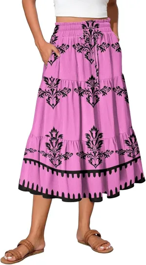 Floral Midi Skirts for Women Summer Tiered Drawstring High Waist Mid Calf Skirts Pleated A-Line Boho Skirt with Pocket