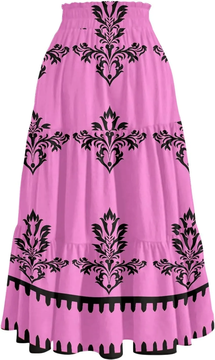 Floral Midi Skirts for Women Summer Tiered Drawstring High Waist Mid Calf Skirts Pleated A-Line Boho Skirt with Pocket