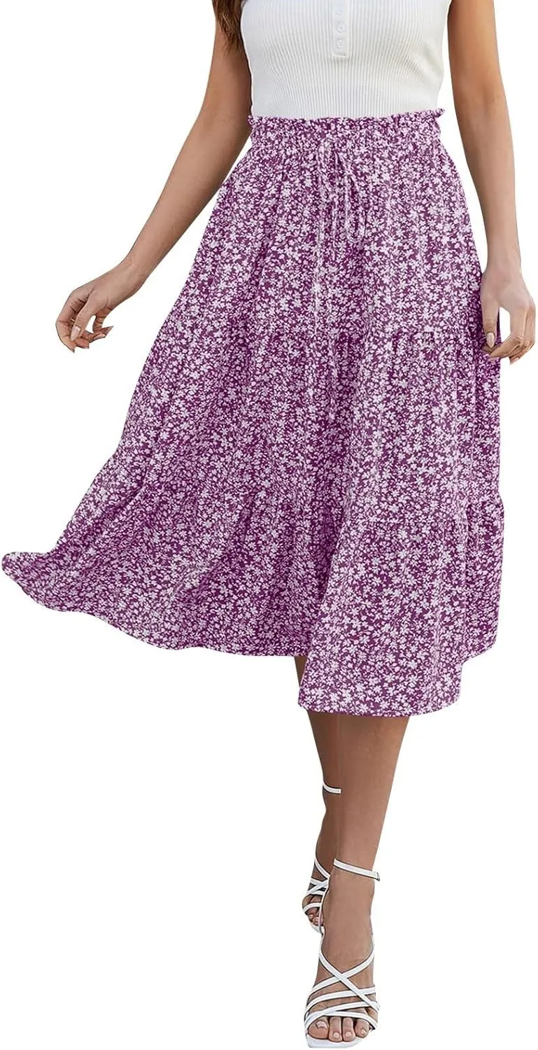 Floral Pleated Skirts for Women Midi Length Summer Casual Boho Renaissance Flowy Plus Size Tiered A Line Skirt
