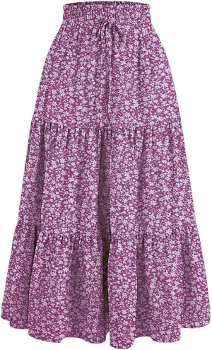 Floral Pleated Skirts for Women Midi Length Summer Casual Boho Renaissance Flowy Plus Size Tiered A Line Skirt
