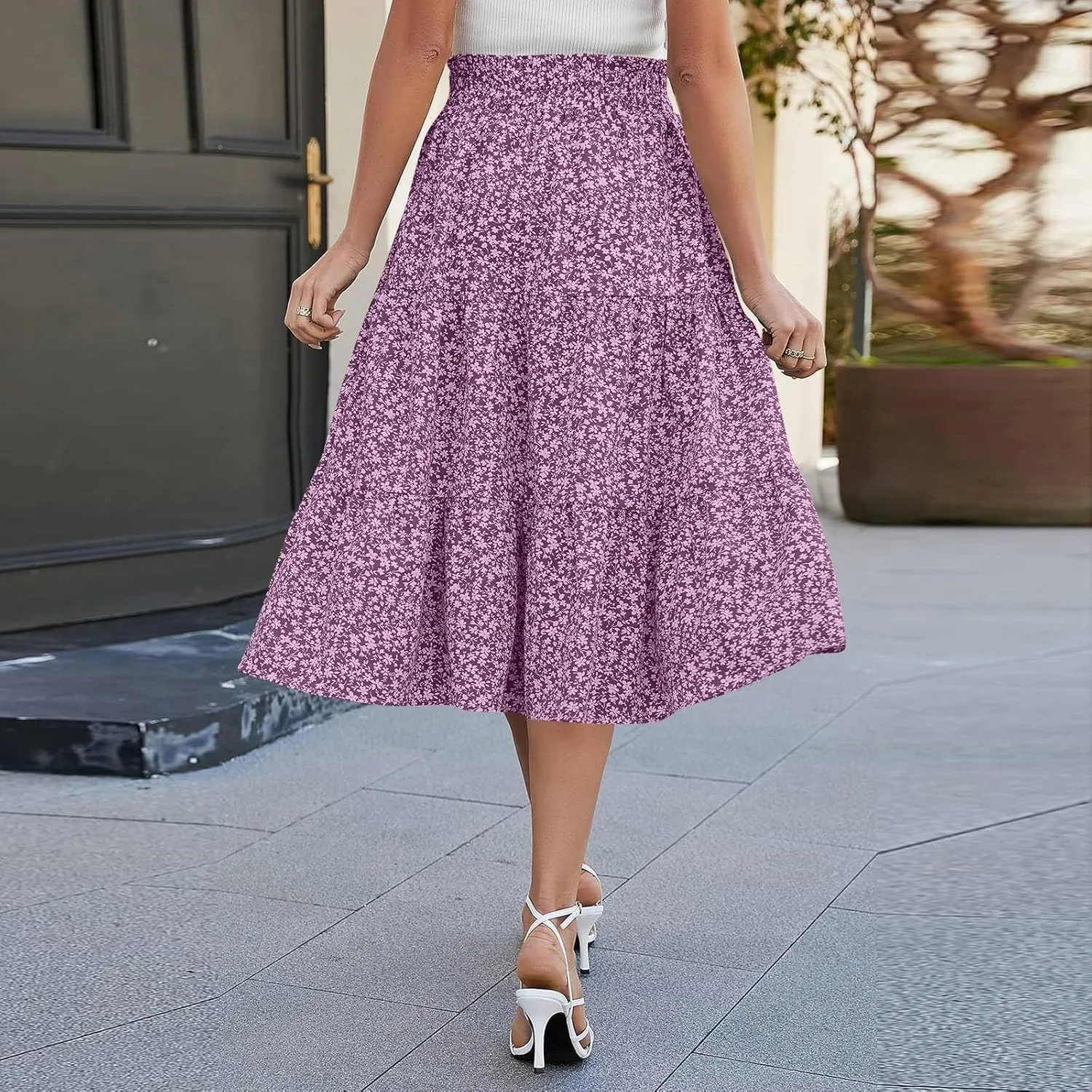 Floral Pleated Skirts for Women Midi Length Summer Casual Boho Renaissance Flowy Plus Size Tiered A Line Skirt