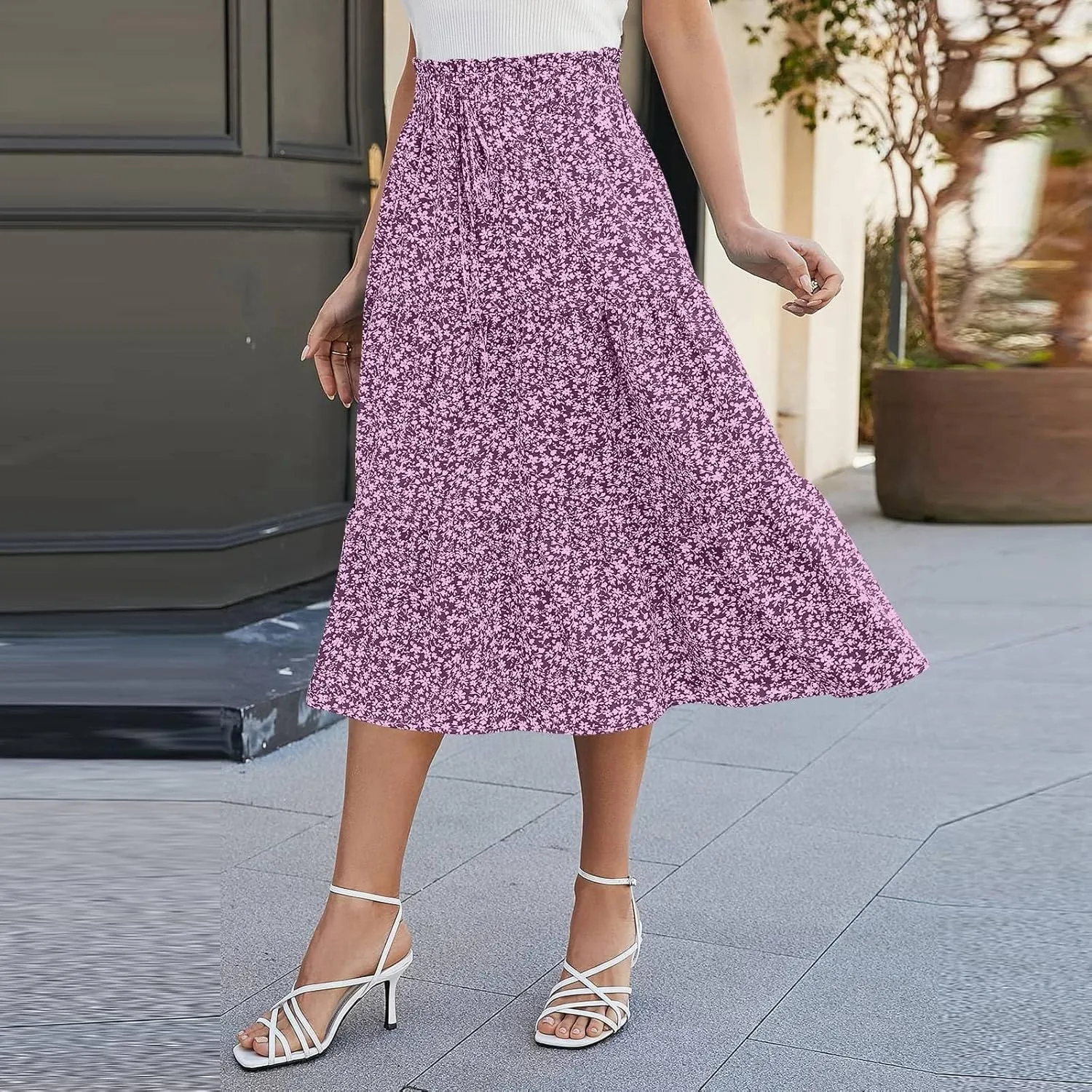 Floral Pleated Skirts for Women Midi Length Summer Casual Boho Renaissance Flowy Plus Size Tiered A Line Skirt