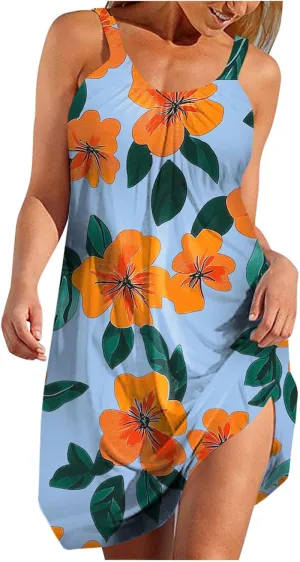 Floral Printed Midi Tank Dress for Women Sleeveless Summer Boho Dresses Loose Fit Beach Cover Ups Sundress