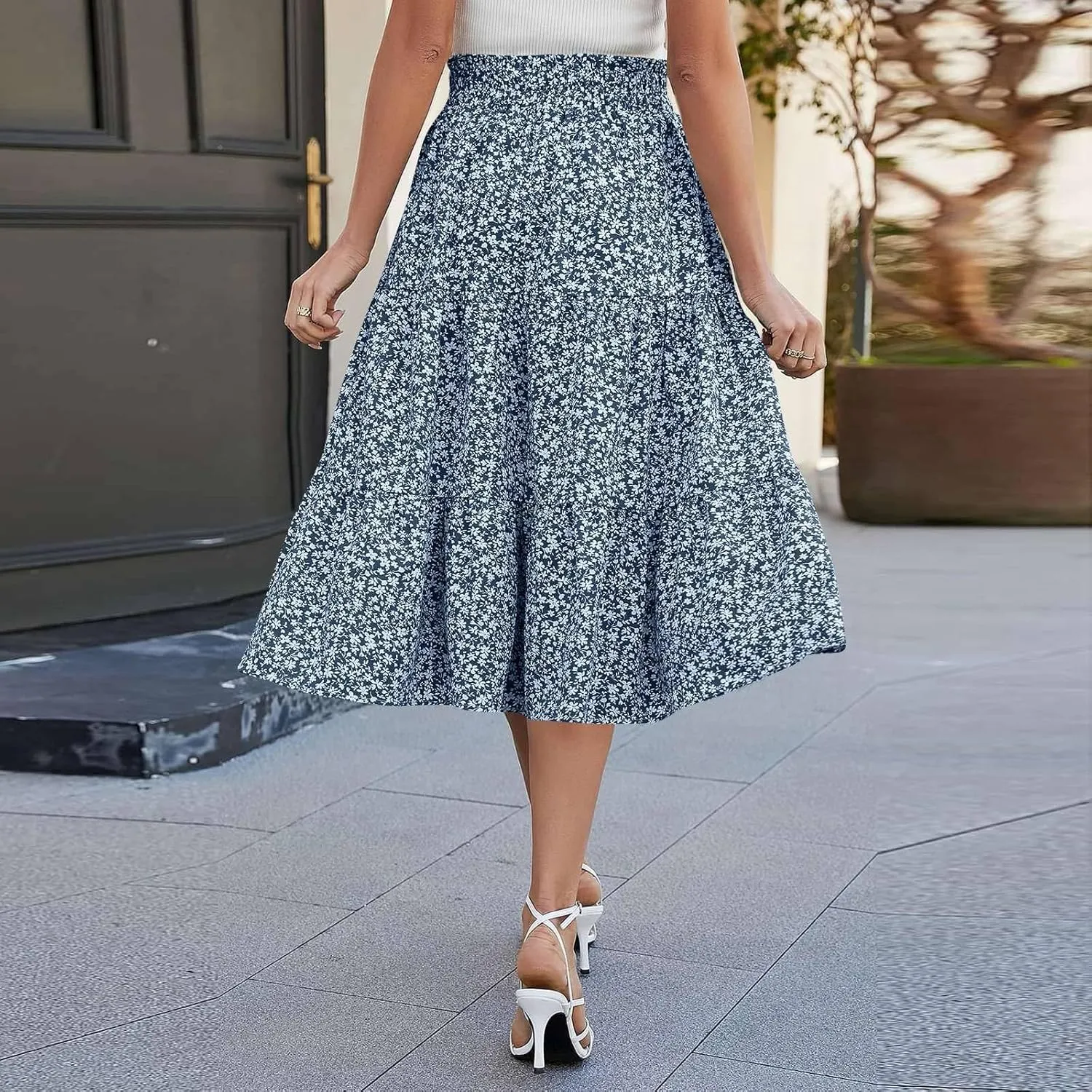 Floral Skirts for Women High Waist Tiered A Line Skirt Drawstring Waist Maxi Long Skirt Flowy Beach Pleated Skirts