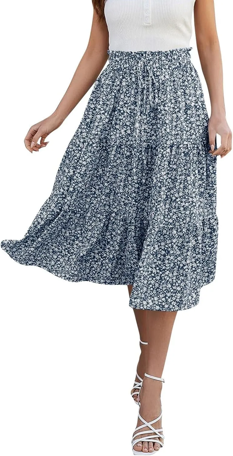 Floral Skirts for Women High Waist Tiered A Line Skirt Drawstring Waist Maxi Long Skirt Flowy Beach Pleated Skirts