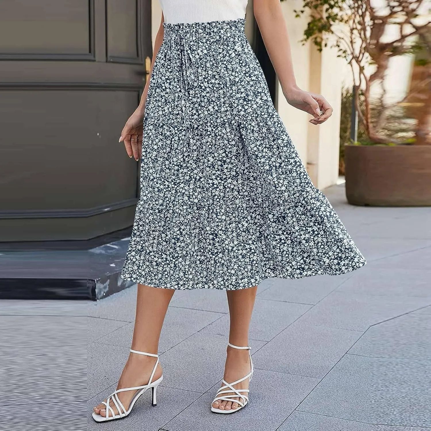 Floral Skirts for Women High Waist Tiered A Line Skirt Drawstring Waist Maxi Long Skirt Flowy Beach Pleated Skirts