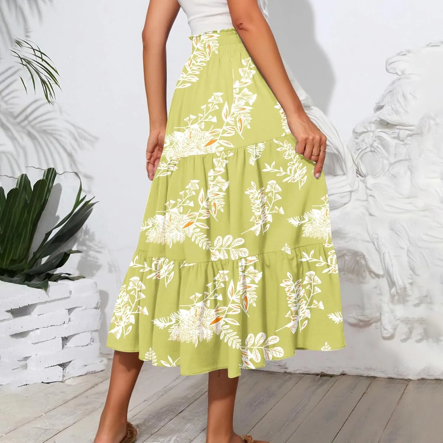 Floral Skirts for Women Summer Loose Casual Trendy Drawstring Flowy Beach Vacation Boho Maxi Skirt, S-2XL