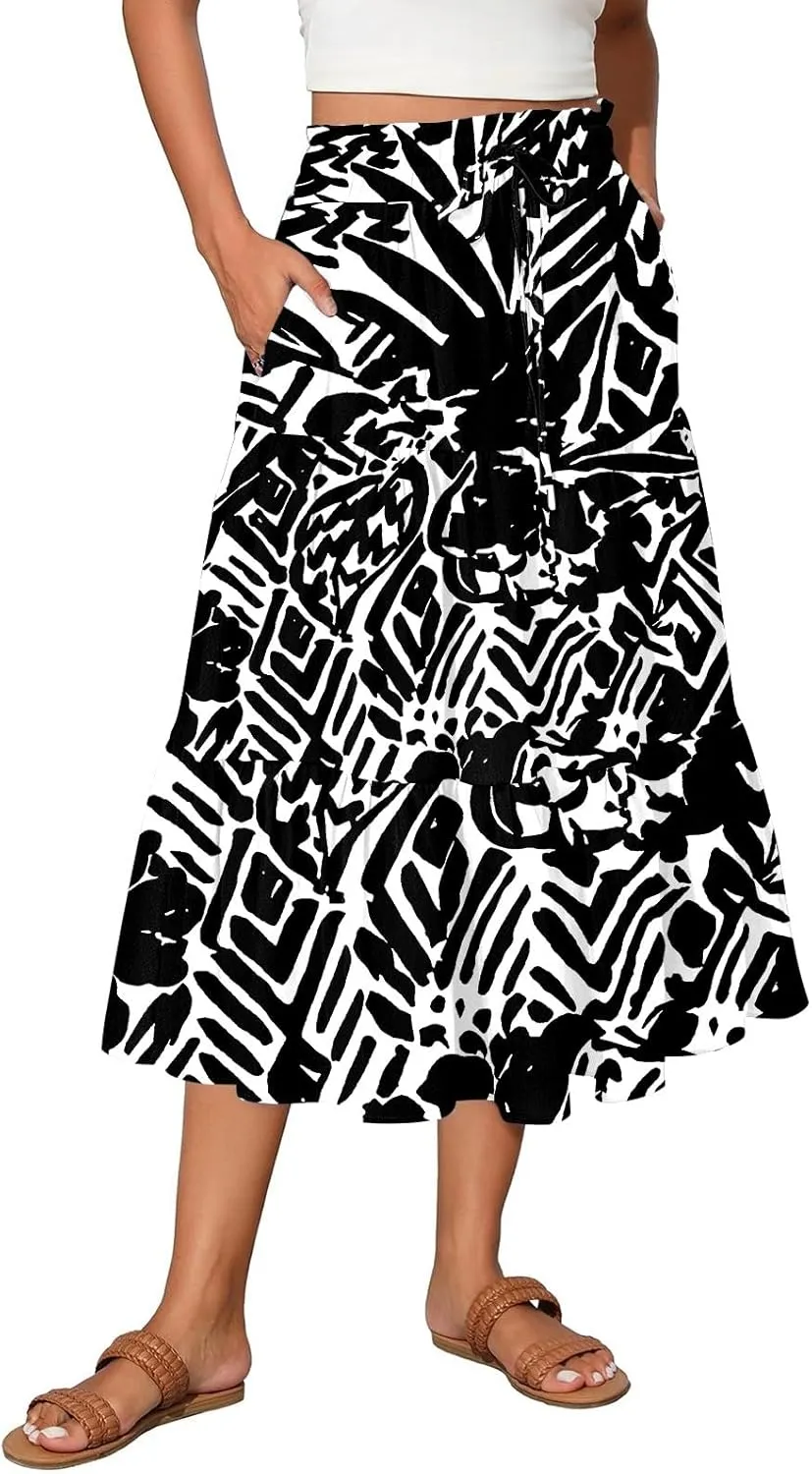 Floral Skirts for Women Summer Loose Casual Trendy Drawstring Flowy Beach Vacation Boho Maxi Skirt, S-2XL