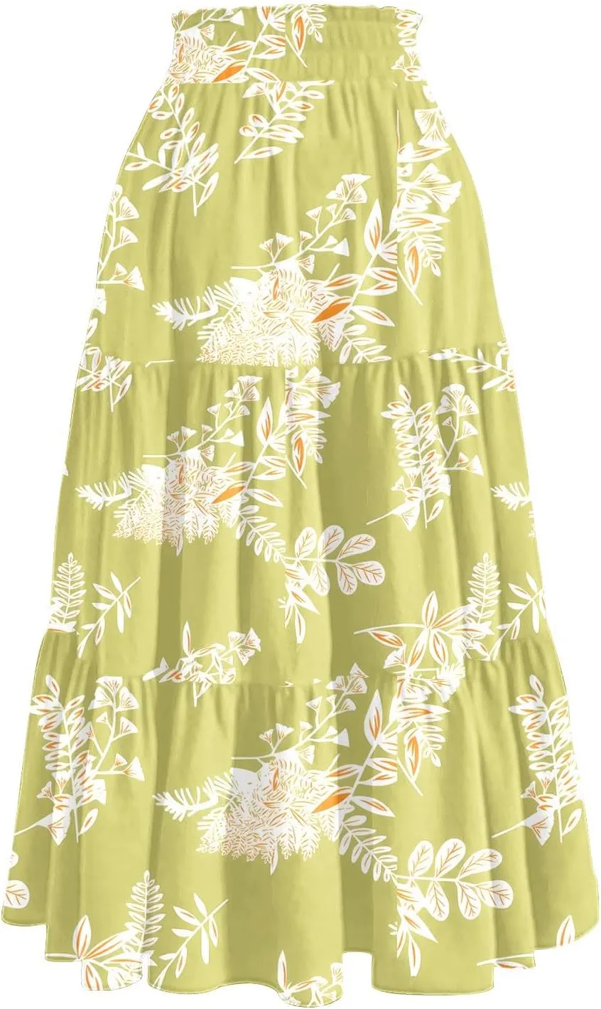Floral Skirts for Women Summer Loose Casual Trendy Drawstring Flowy Beach Vacation Boho Maxi Skirt, S-2XL