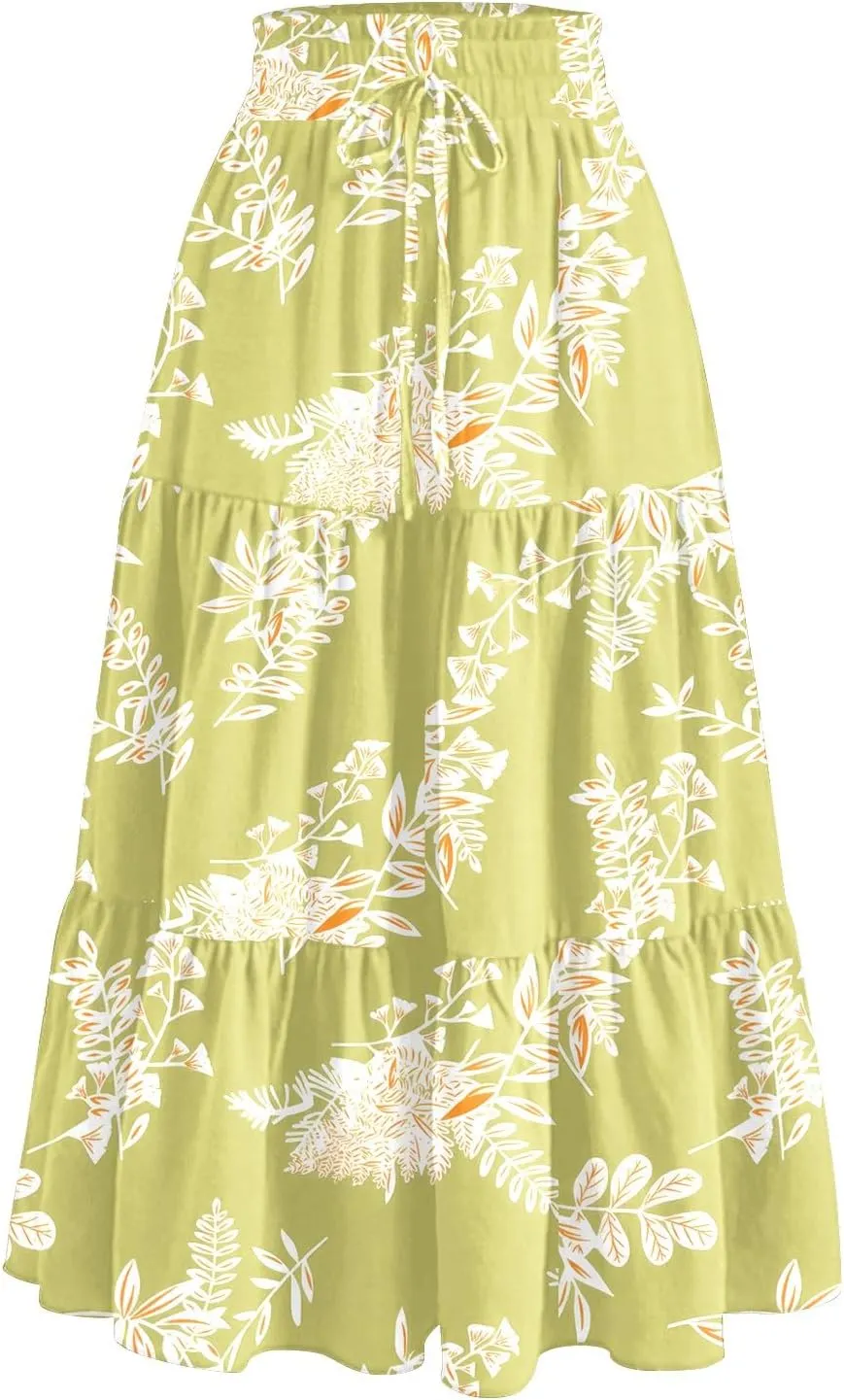 Floral Skirts for Women Summer Loose Casual Trendy Drawstring Flowy Beach Vacation Boho Maxi Skirt, S-2XL
