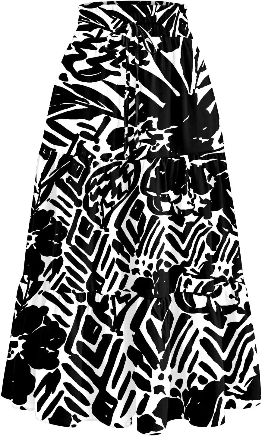 Floral Skirts for Women Summer Loose Casual Trendy Drawstring Flowy Beach Vacation Boho Maxi Skirt, S-2XL