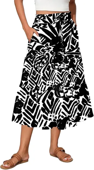 Floral Skirts for Women Summer Loose Casual Trendy Drawstring Flowy Beach Vacation Boho Maxi Skirt, S-2XL