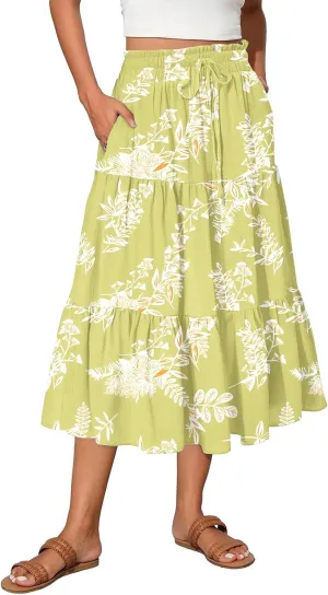 Floral Skirts for Women Summer Loose Casual Trendy Drawstring Flowy Beach Vacation Boho Maxi Skirt, S-2XL