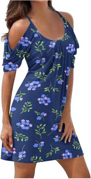 Floral Summer Dress 2024 Sexy Plus Size Open Shoulder Spaghetti Strap Beach Mini Dresses Floral Print Short Dresses