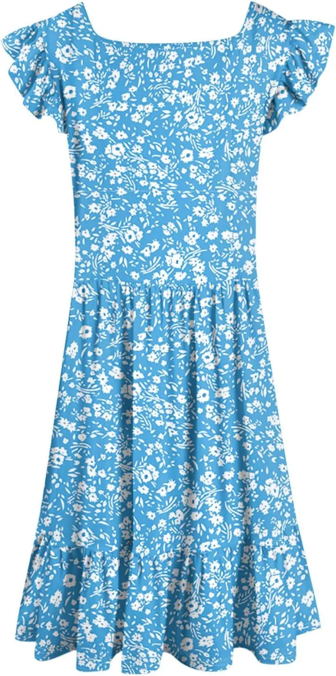 Floral Sundresses for Women 2025 Casual Sleeveless Ruffle Midi Dress Summer Square Neck Boho Tiered Flowy Beach Dress