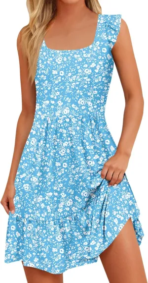 Floral Sundresses for Women 2025 Casual Sleeveless Ruffle Midi Dress Summer Square Neck Boho Tiered Flowy Beach Dress