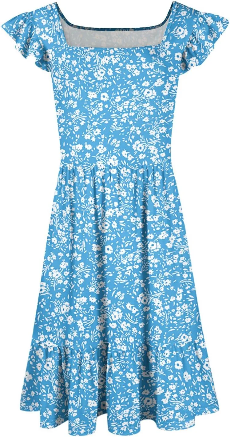 Floral Sundresses for Women 2025 Casual Sleeveless Ruffle Midi Dress Summer Square Neck Boho Tiered Flowy Beach Dress