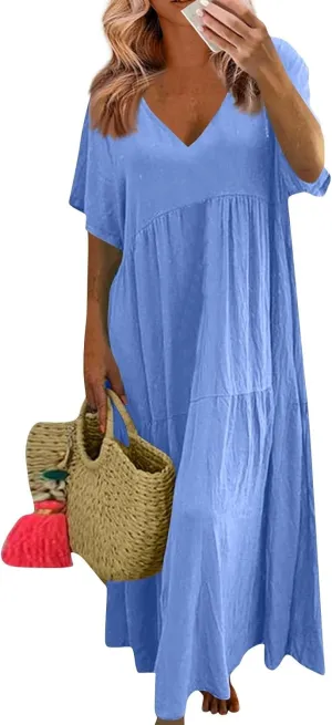 Flowy Dresses for Women Casual Loose Trendy Short Sleeve V-Neck Solid Color Vacation Linen Dress Plus Size, S-5XL