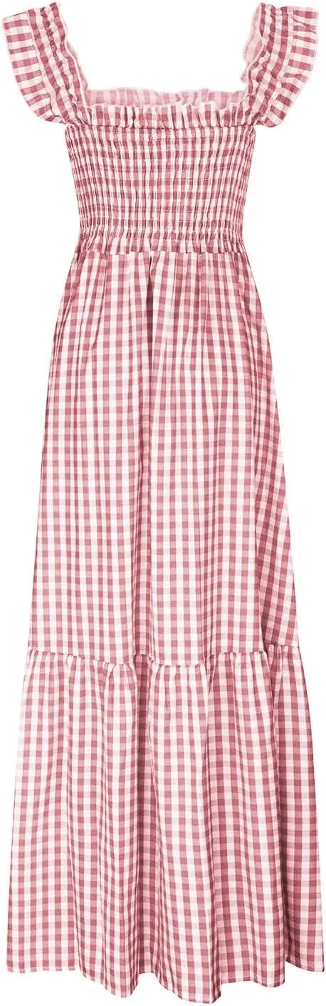 Flowy Dresses for Women Spring Summer Casual Plaid Dresses Smocked Spaghetti Strap Long Dress Vacation Maxi Dress