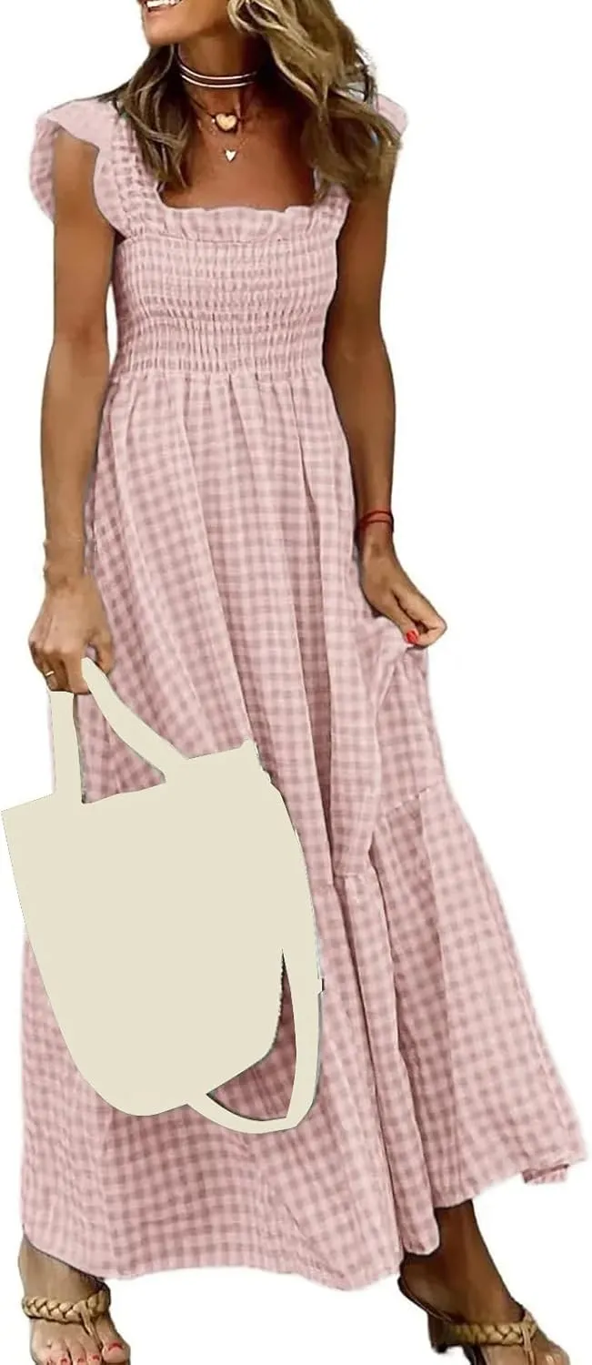 Flowy Dresses for Women Spring Summer Casual Plaid Dresses Smocked Spaghetti Strap Long Dress Vacation Maxi Dress