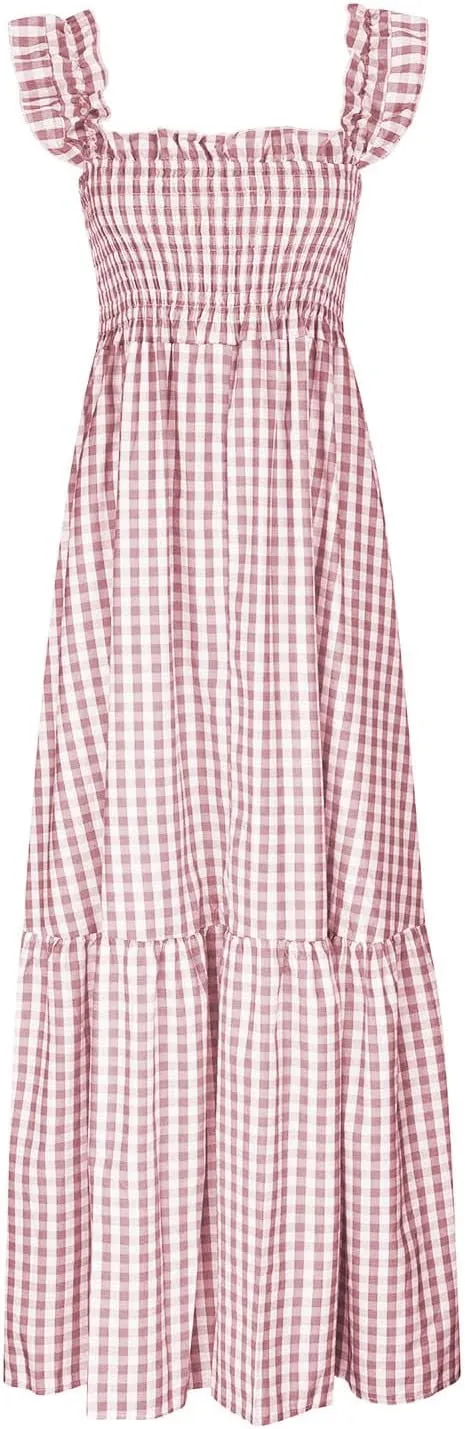 Flowy Dresses for Women Spring Summer Casual Plaid Dresses Smocked Spaghetti Strap Long Dress Vacation Maxi Dress
