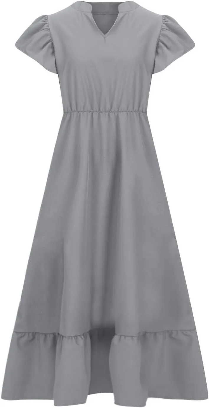 Flowy Dresses for Women V Neck Cinch Waist Ruffle Short Sleeve Dress Trendy Summer Layered Tiered A Line Sundress