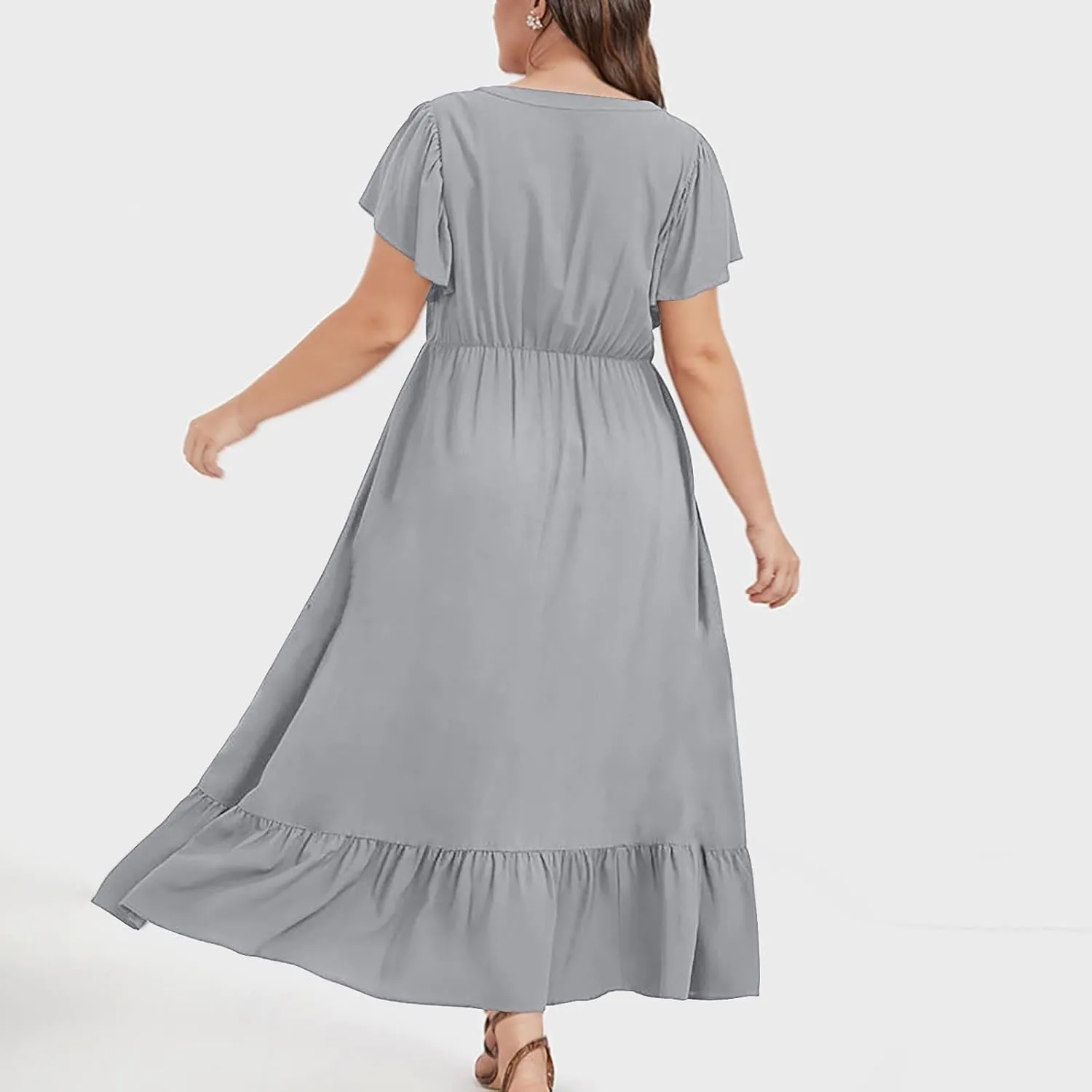 Flowy Dresses for Women V Neck Cinch Waist Ruffle Short Sleeve Dress Trendy Summer Layered Tiered A Line Sundress