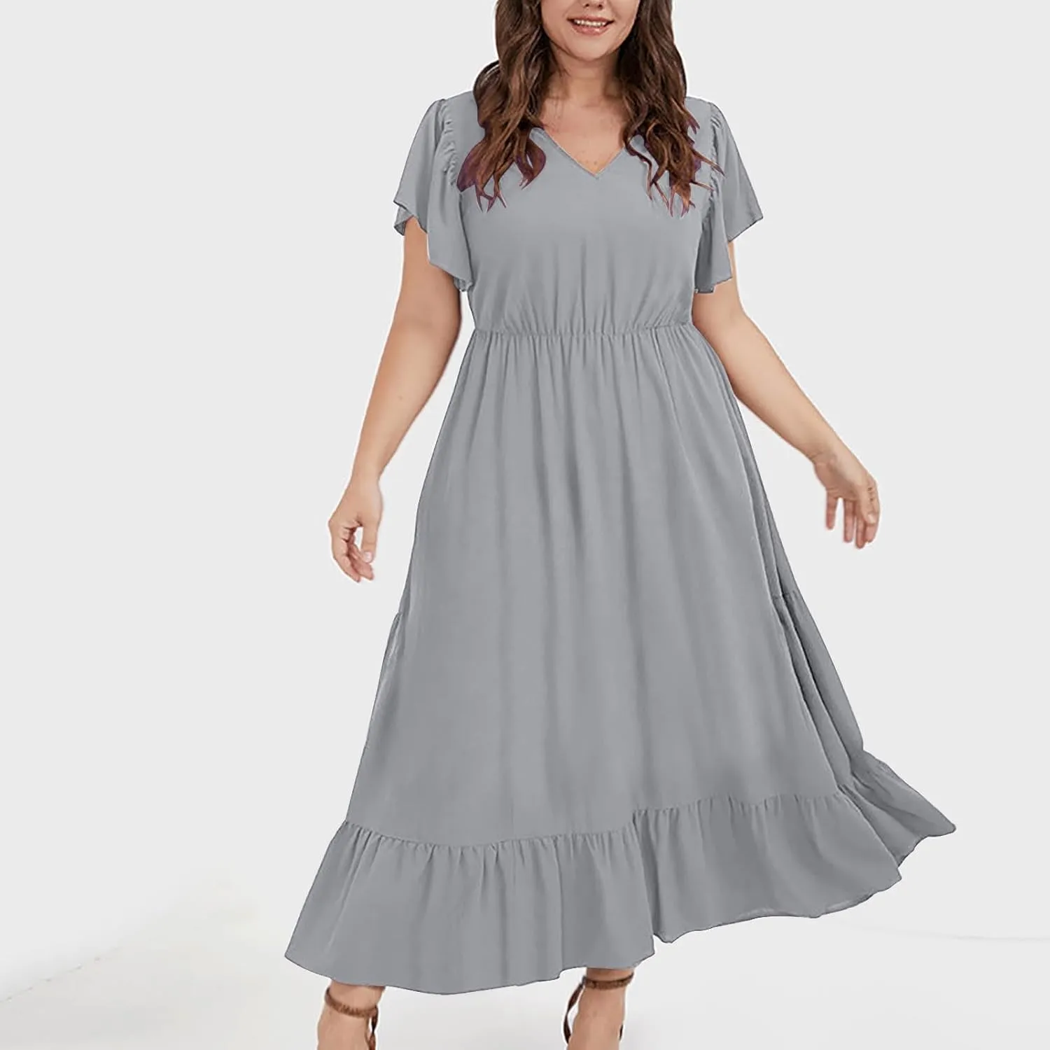 Flowy Dresses for Women V Neck Cinch Waist Ruffle Short Sleeve Dress Trendy Summer Layered Tiered A Line Sundress
