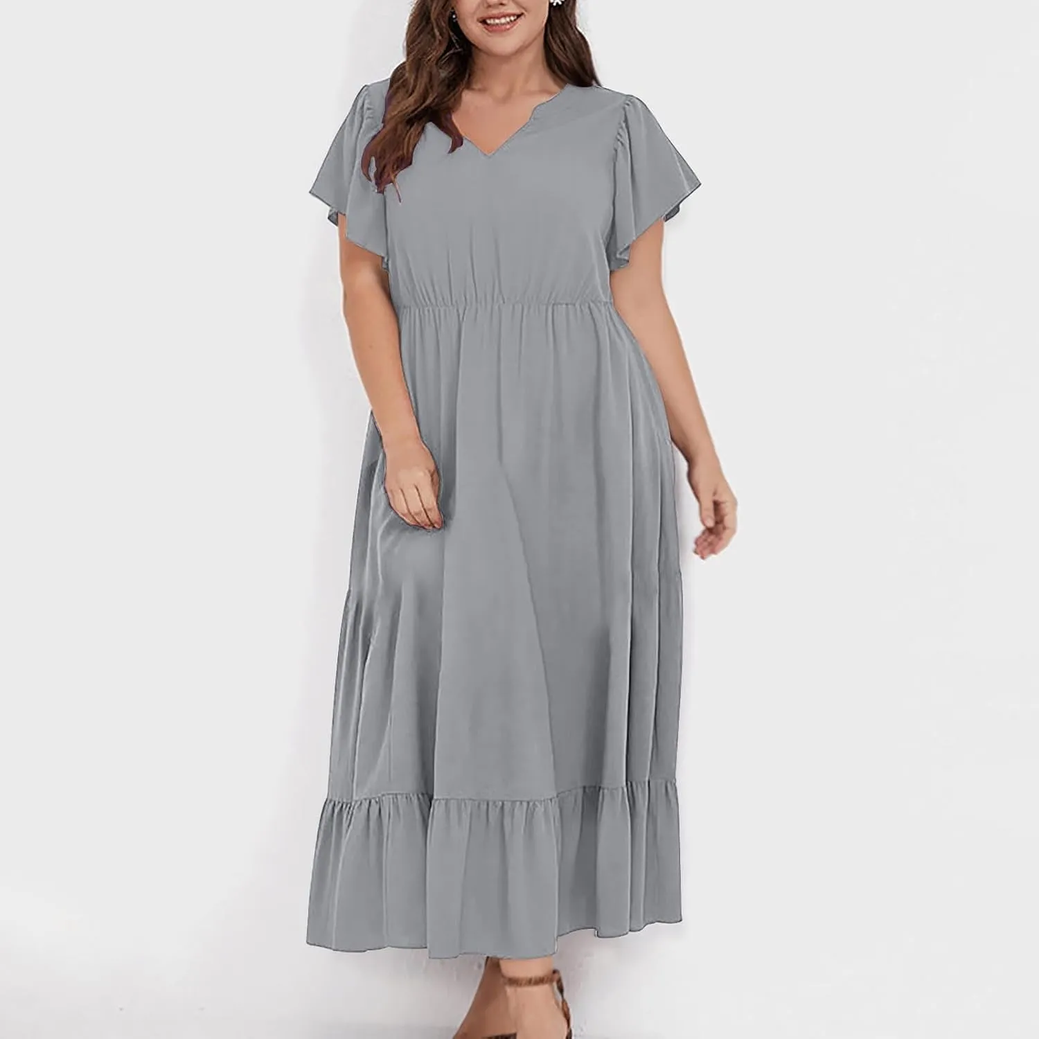 Flowy Dresses for Women V Neck Cinch Waist Ruffle Short Sleeve Dress Trendy Summer Layered Tiered A Line Sundress