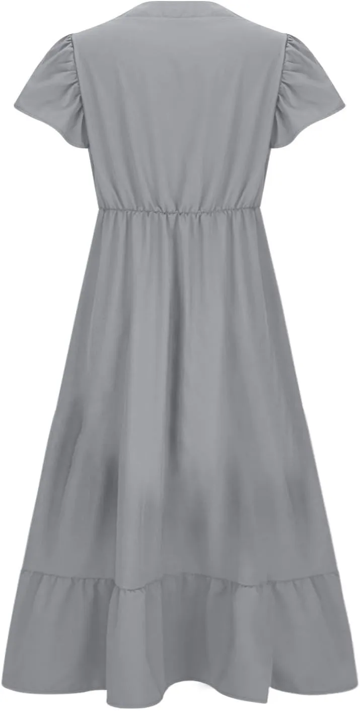 Flowy Dresses for Women V Neck Cinch Waist Ruffle Short Sleeve Dress Trendy Summer Layered Tiered A Line Sundress