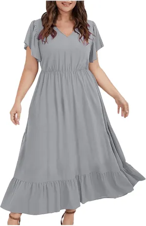 Flowy Dresses for Women V Neck Cinch Waist Ruffle Short Sleeve Dress Trendy Summer Layered Tiered A Line Sundress
